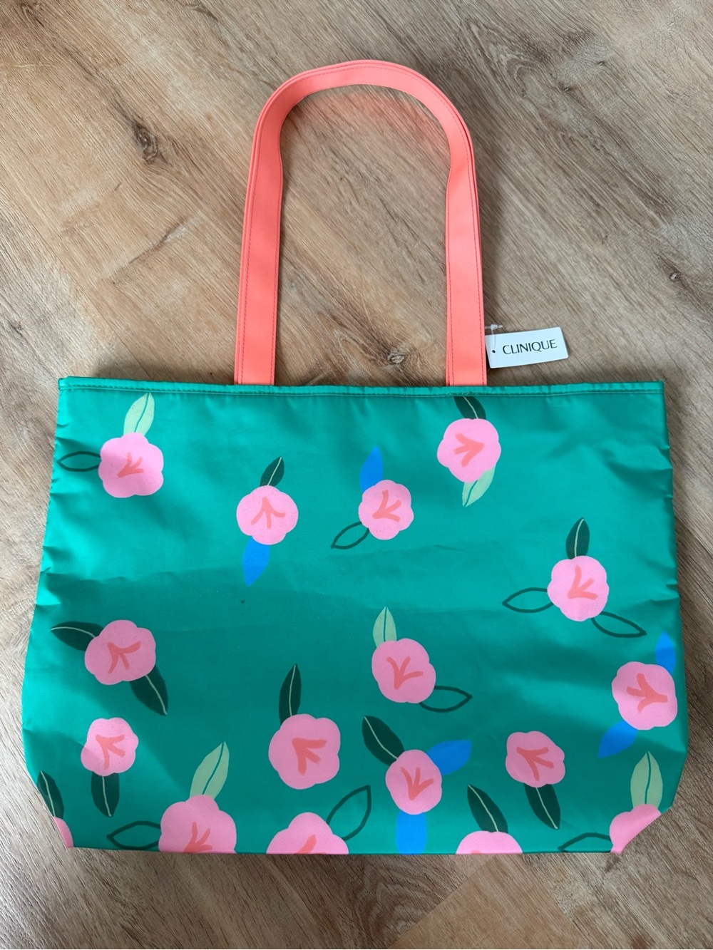 Clinique Green Floral Tote with Coral Pink Handles